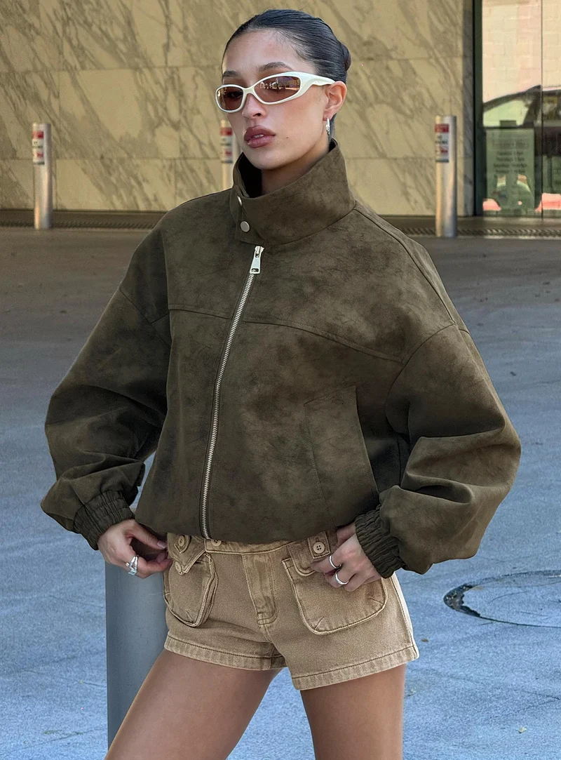 Ellissa Faux Suede Bomber Jacket Khaki
