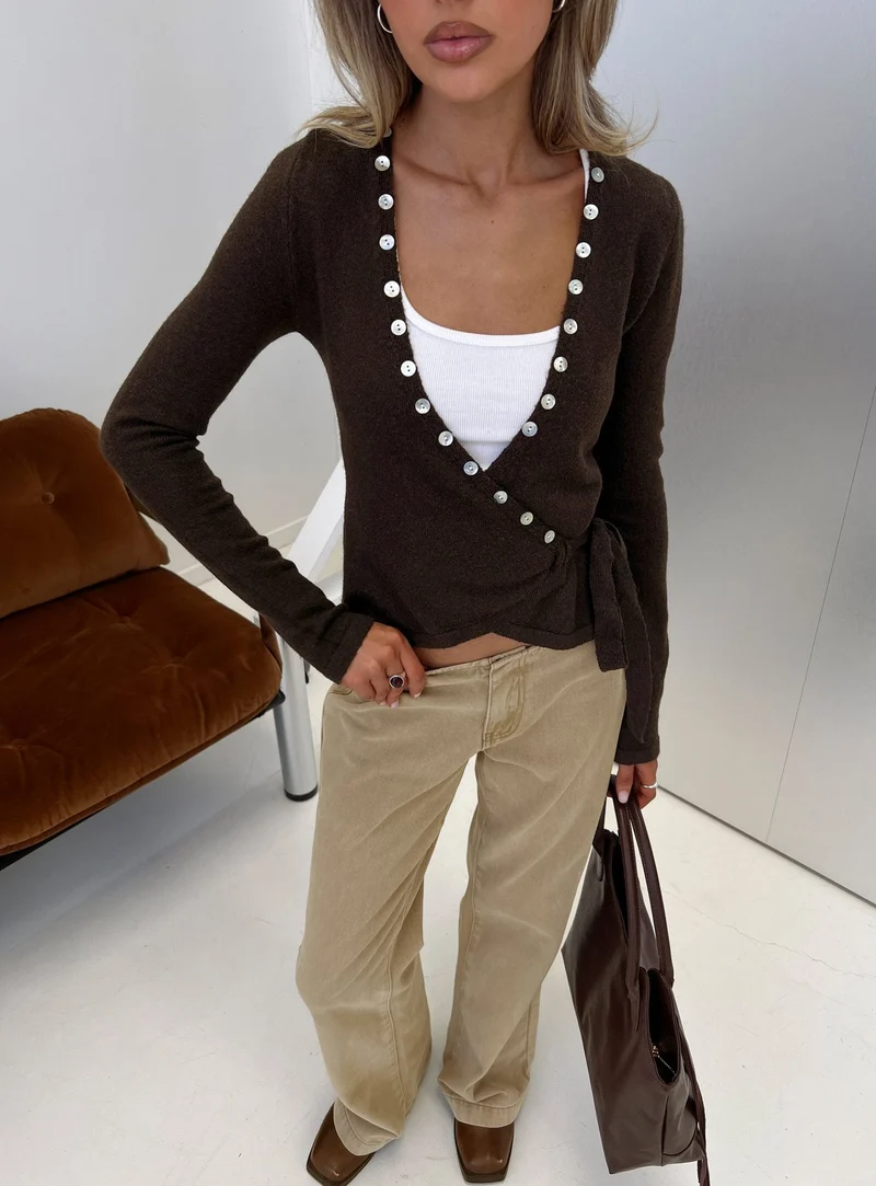 Edella Wrap Knit Button Sweater Brown