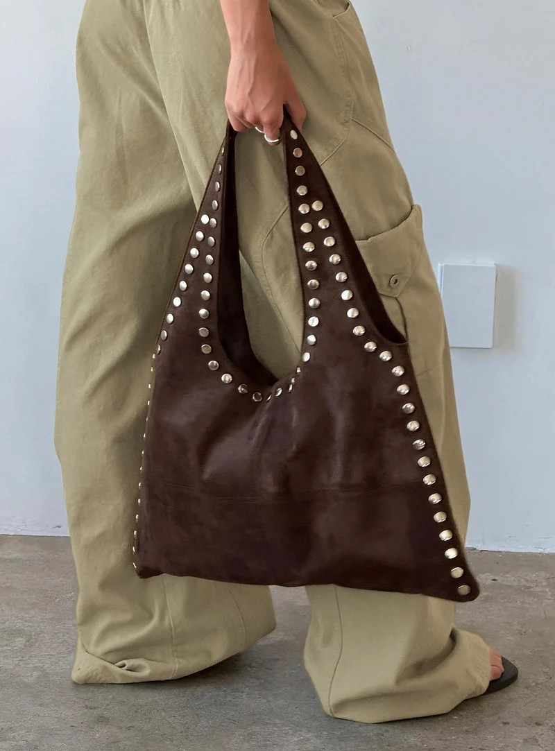 Tell The Truth Studded Faux Suede Bag Chocolate