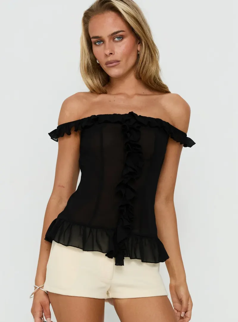 Nivelle Frill Detail Off Shoulder Top Black