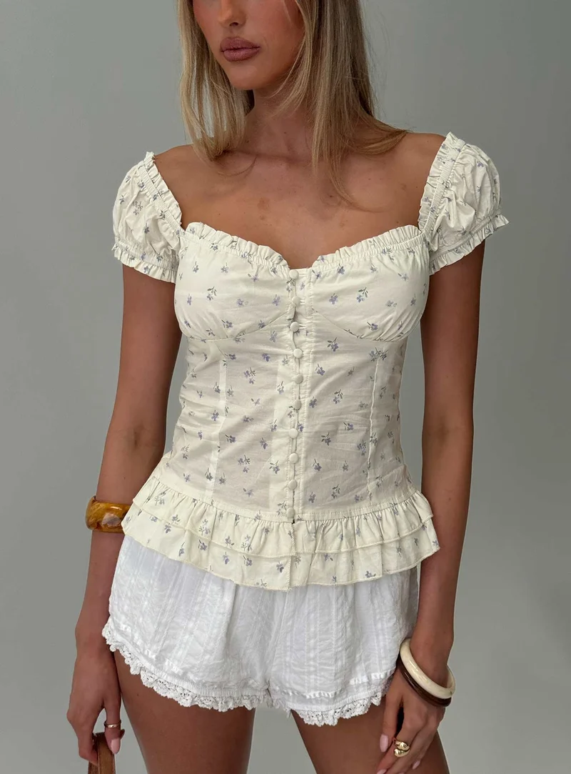 Suiter Frill Detail Top Cream Floral