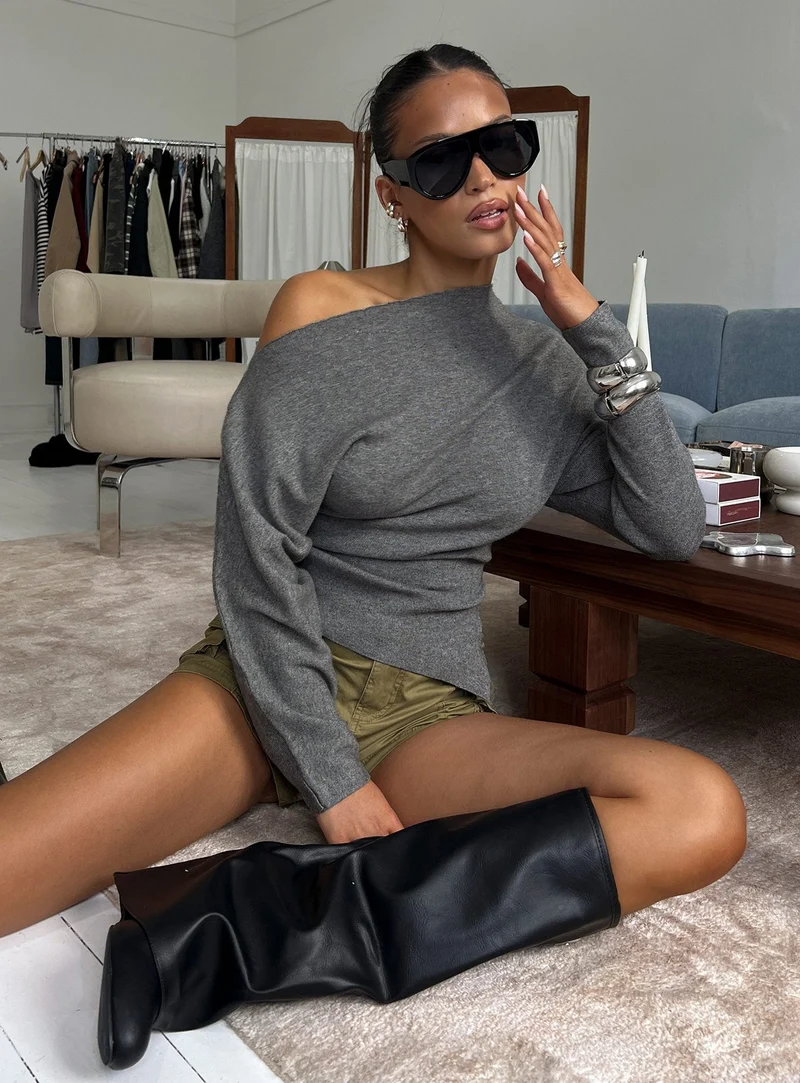 Kaelith Off shoulder Knit Sweater Dark Grey