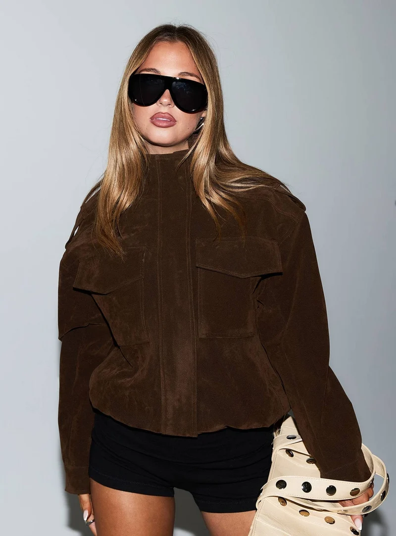 Double Life Funnel Neck Cargo Jacket Chocolate