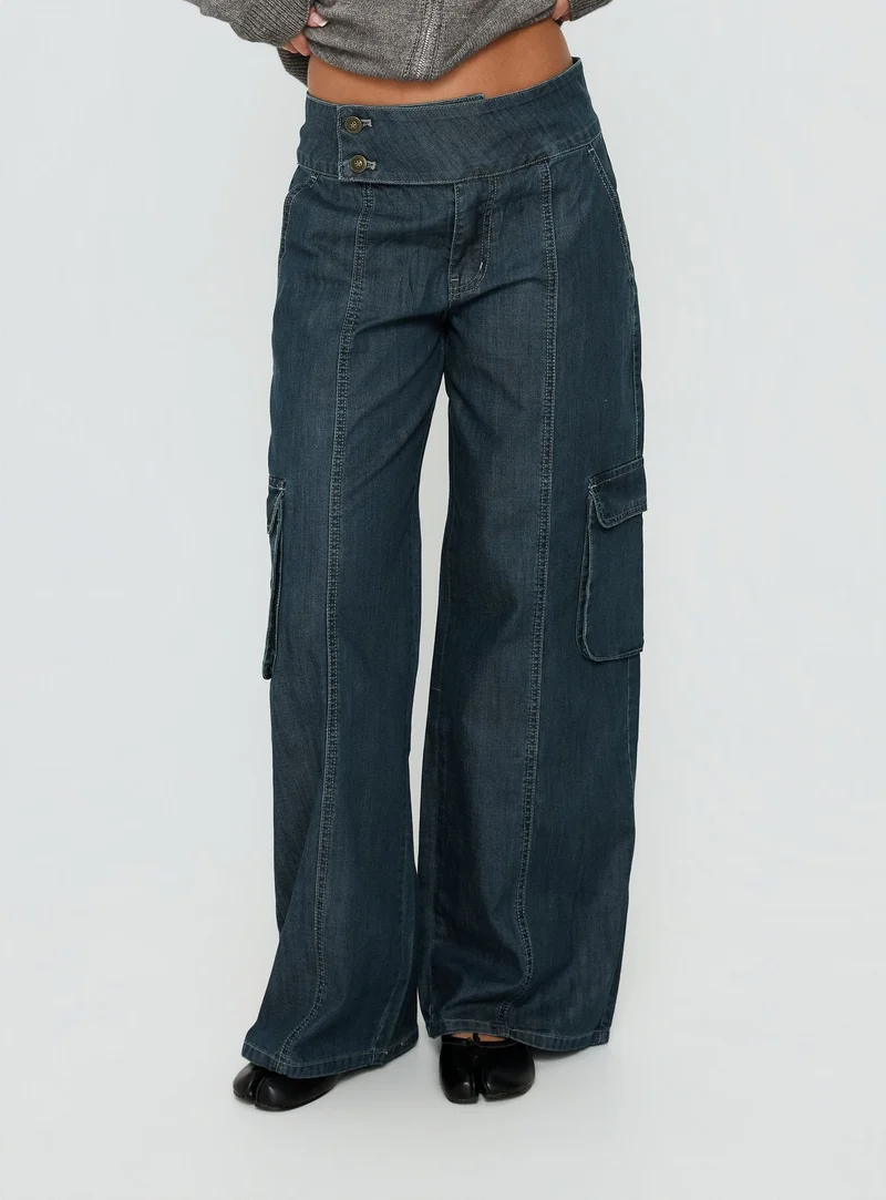 Nikoletta Mid Rise Wide Leg Cargo Jeans Dark Blue Wash