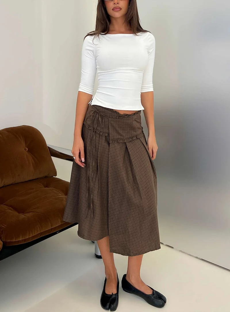 Ginella Pleated Tie Side Midi Skirt Brown Check