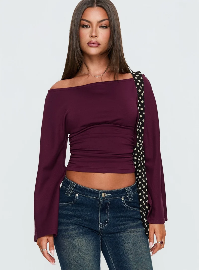 Anastasie Off Shoulder Long Sleeve Top Deep Red