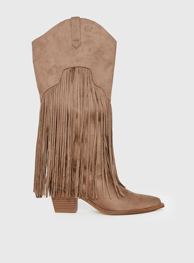 Like An Angel Faux Suede Tassel Knee High Boots Tan