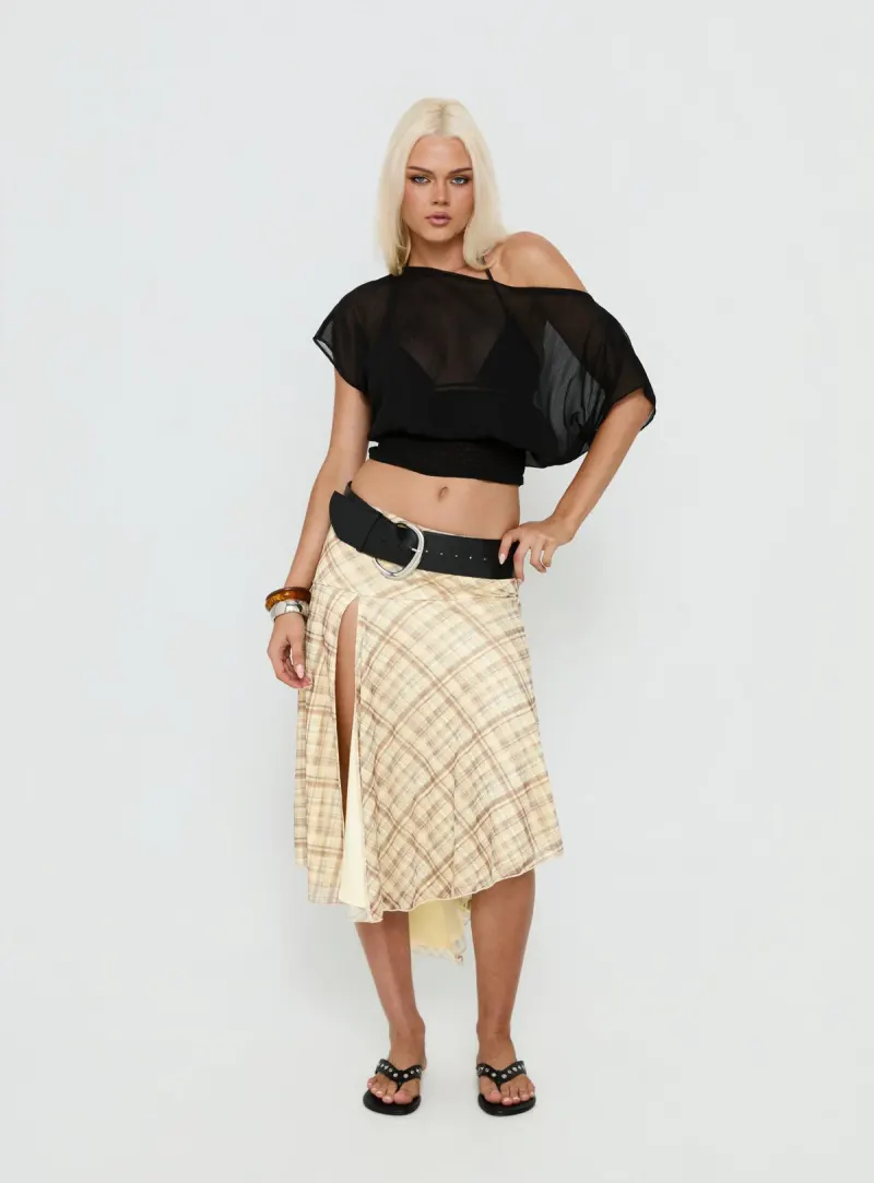 Dulciana High Split Asymmetrical Midi Skirt Multi Check