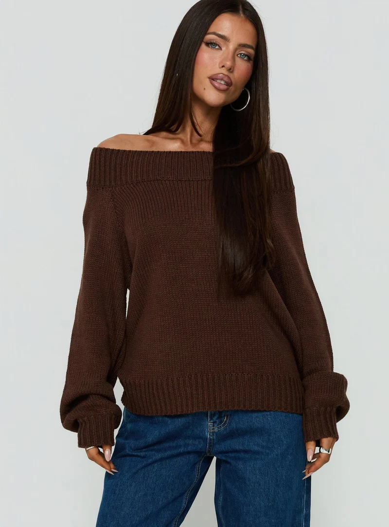 Always Be There Off Shoulder Knit Jumper Brown