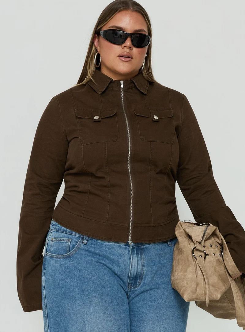 Kelehan Long Sleeve Zip Front Jacket Stonewashed Brown Curve