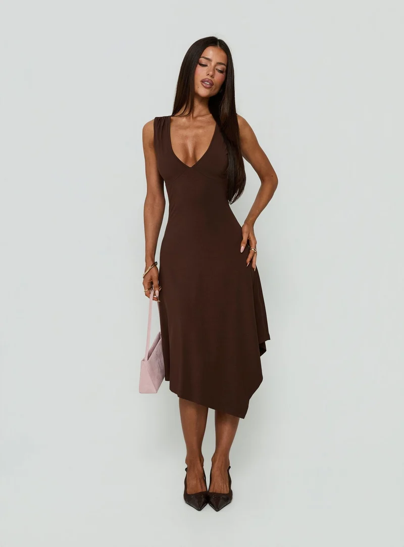 Louisia V Neck Hanky Hem Midi Dress Brown