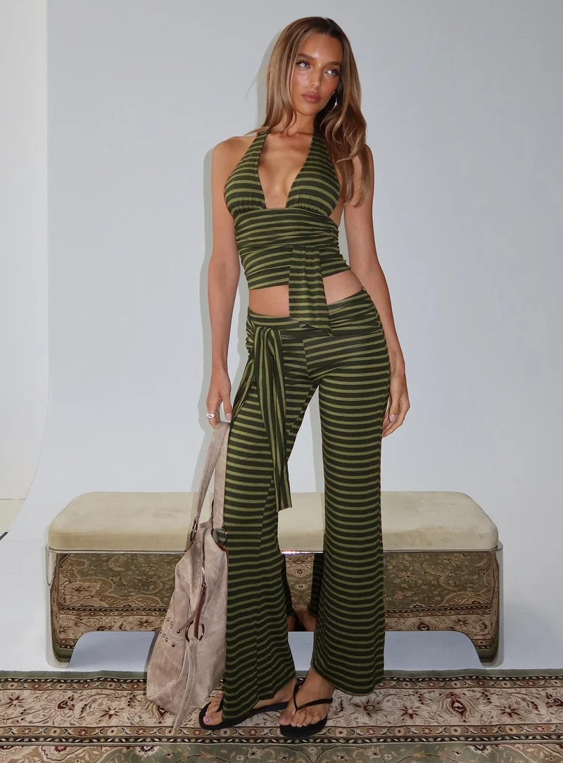 Esata Tie Detail Pants Green Stripe
