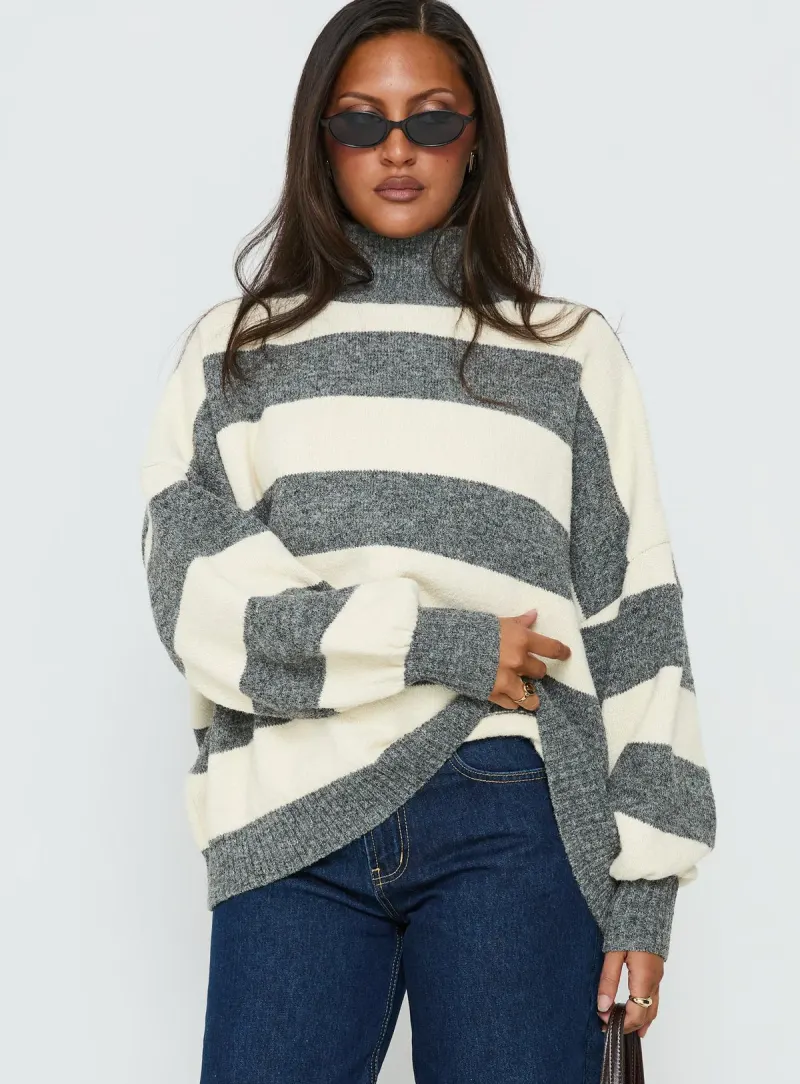 Longest Goodbye Slouchy Funnel Neck Oversized Knit Sweater Grey / Cream Stripe