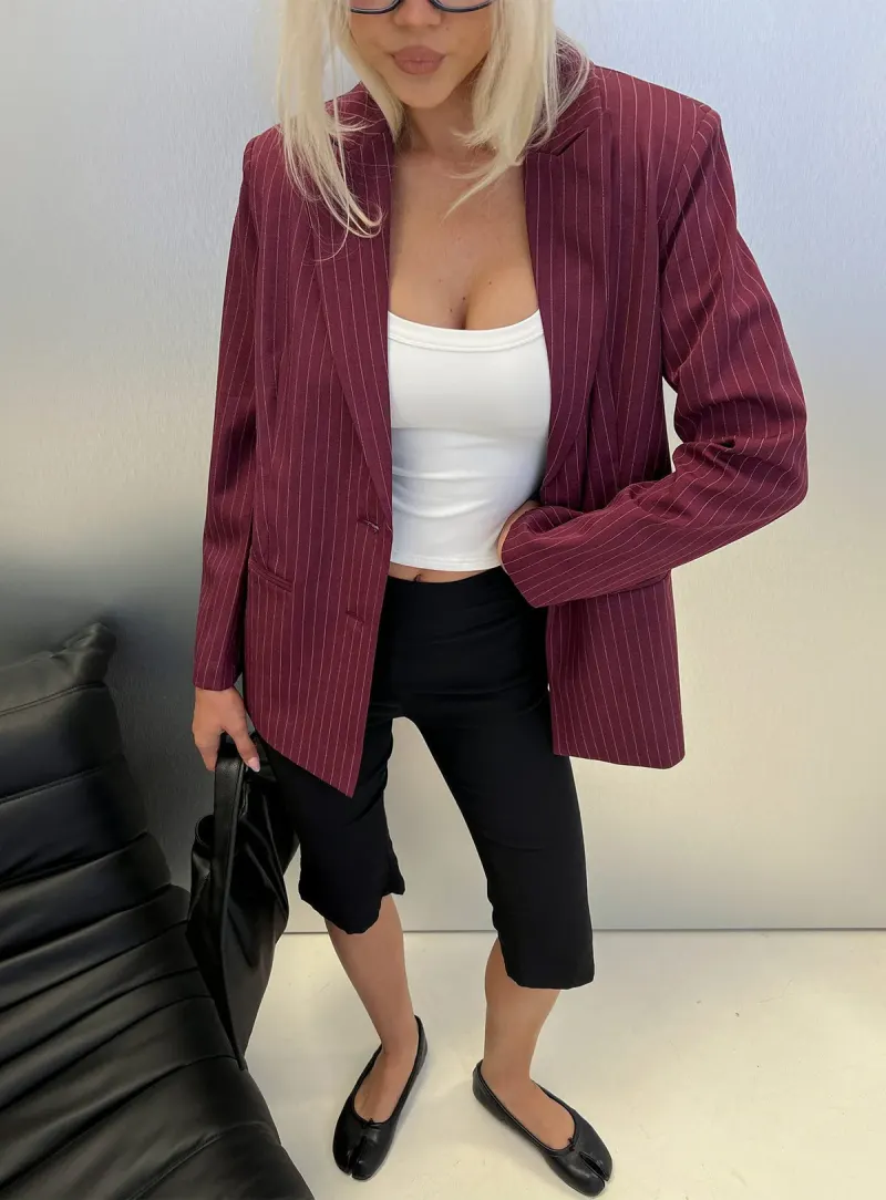 Crowd Pleaser Pinstripe Oversized Blazer Burgundy Pinstripe