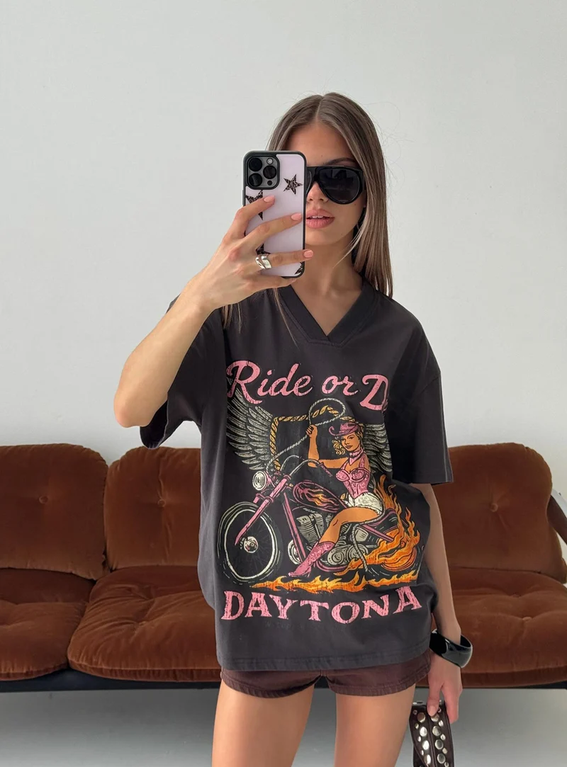Ride or Die Daytona Oversized Graphic Tee Black