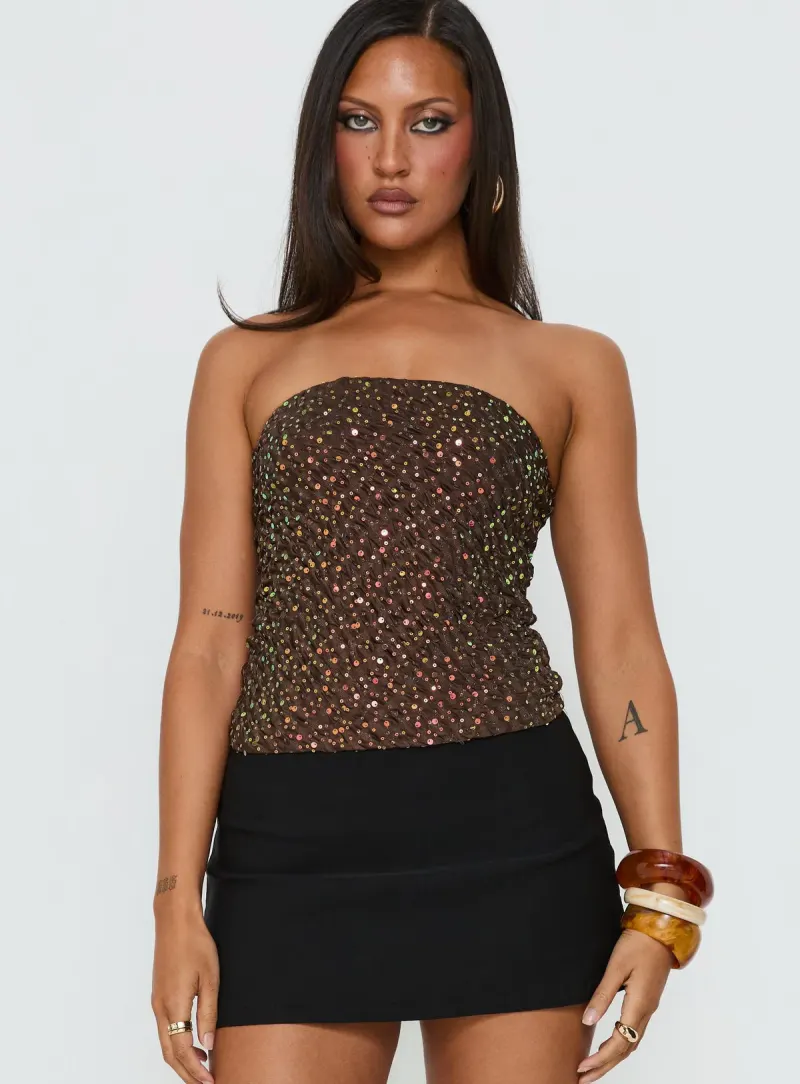 Zohara Sequin Strapless Top Brown