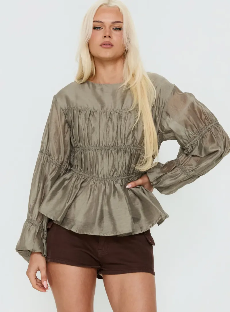 Xamira Ruched Long Sleeve Top Olive