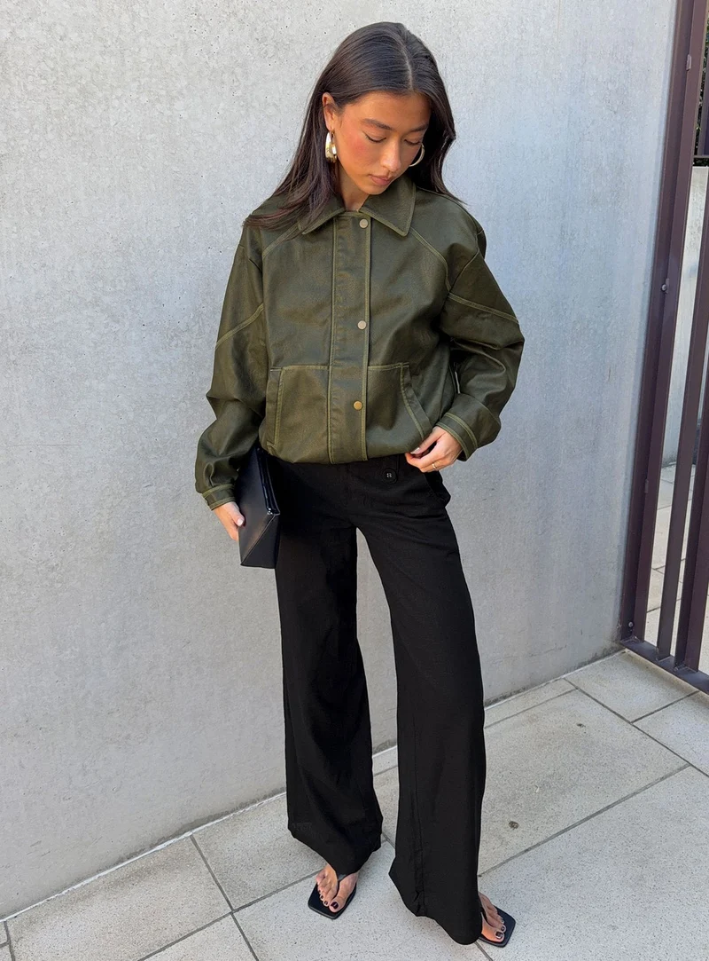 Jaxton Faux Leather Bomber Jacket Olive