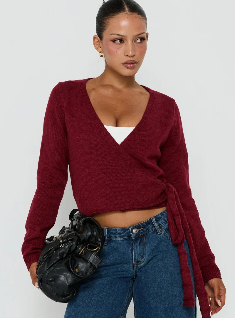 Tonee Wrap Knit Cardigan Burgundy