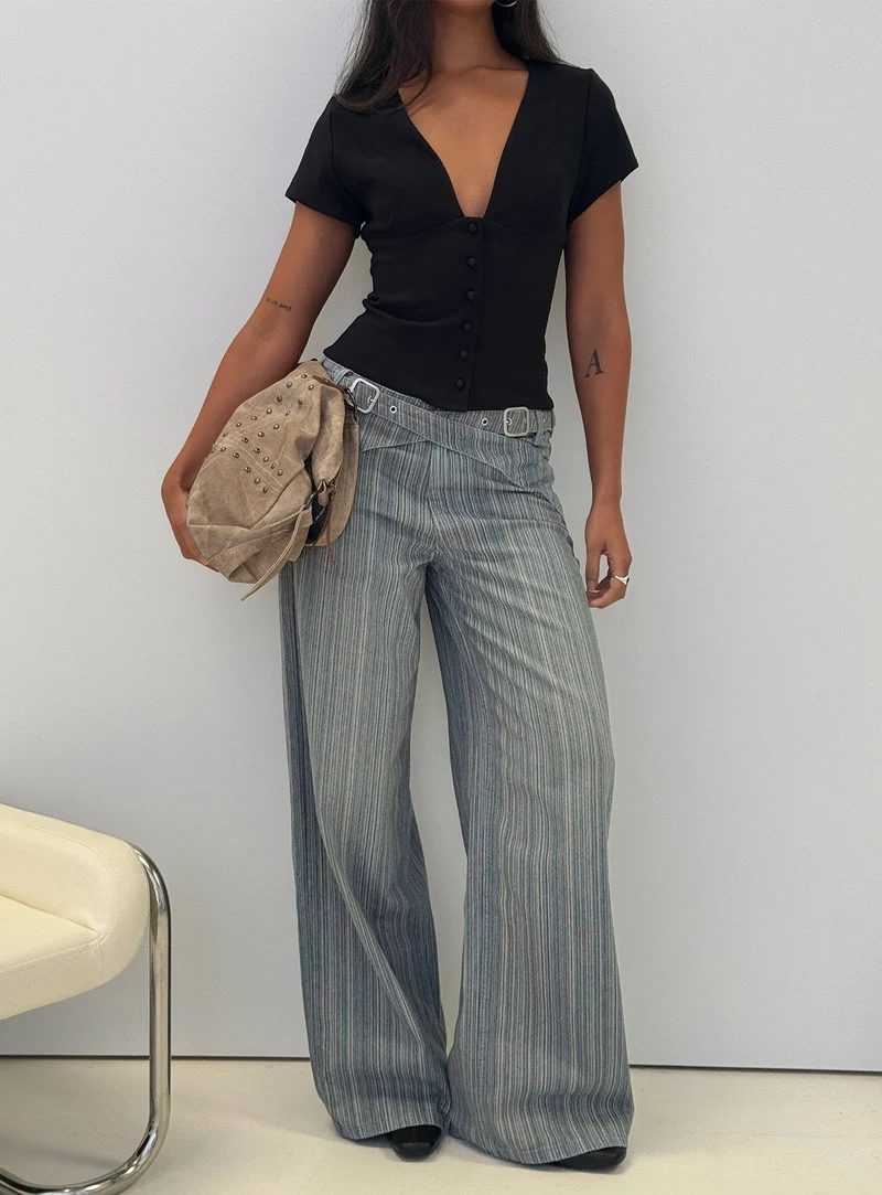 Mckinley Mid Rise Wide Leg Jeans Dark Blue Stripe