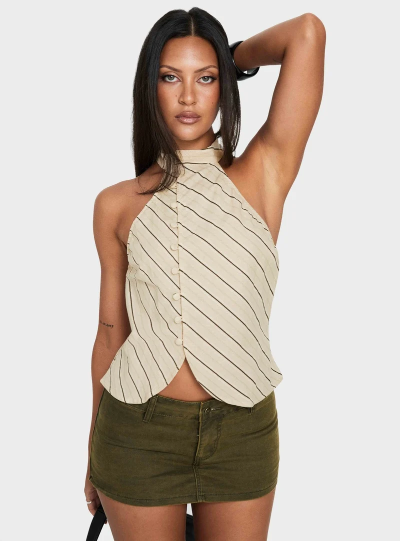 Iggya Button Detail High Neck Top Beige Stripe