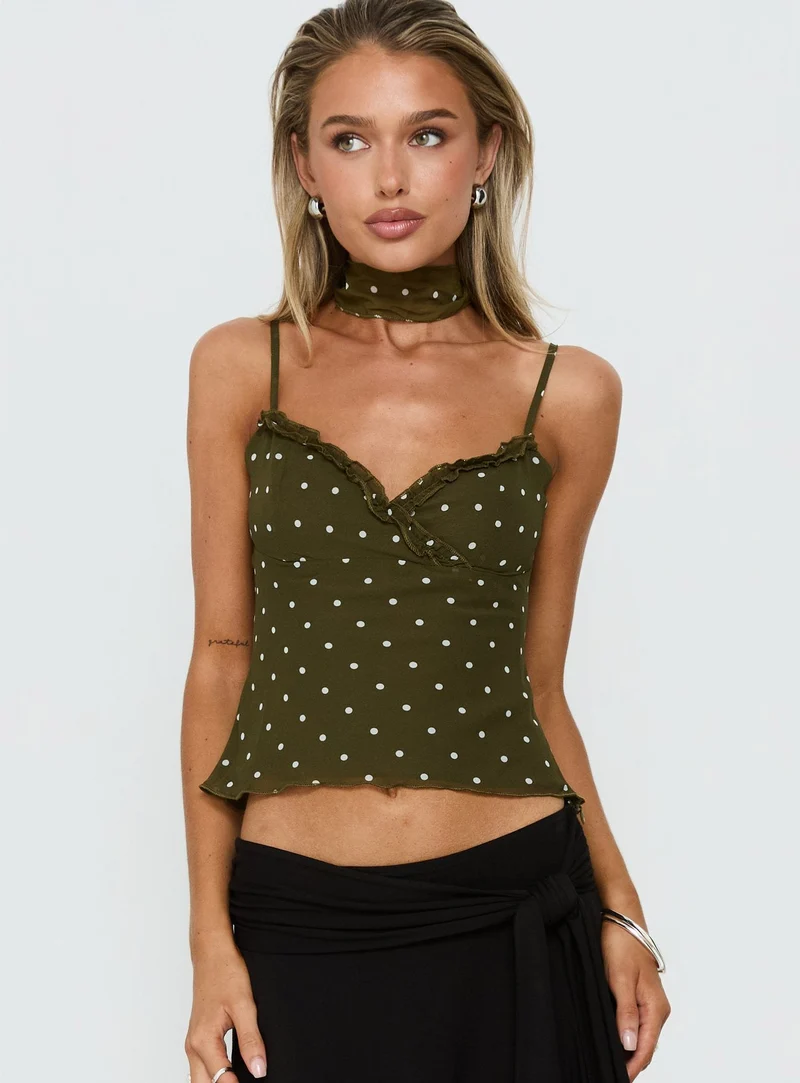 Mishy Scarf Detail Cami Top Olive Polka