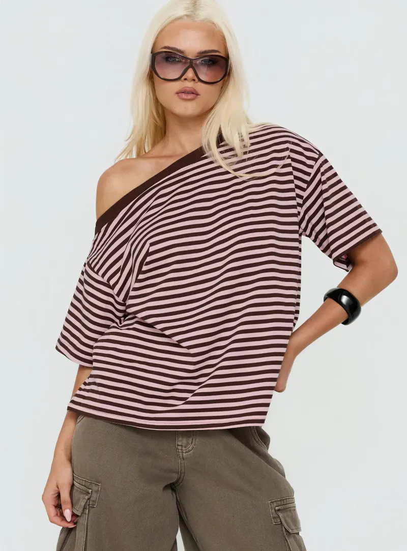 Settle Down One Shoulder Top Pink / Chocolate Stripe