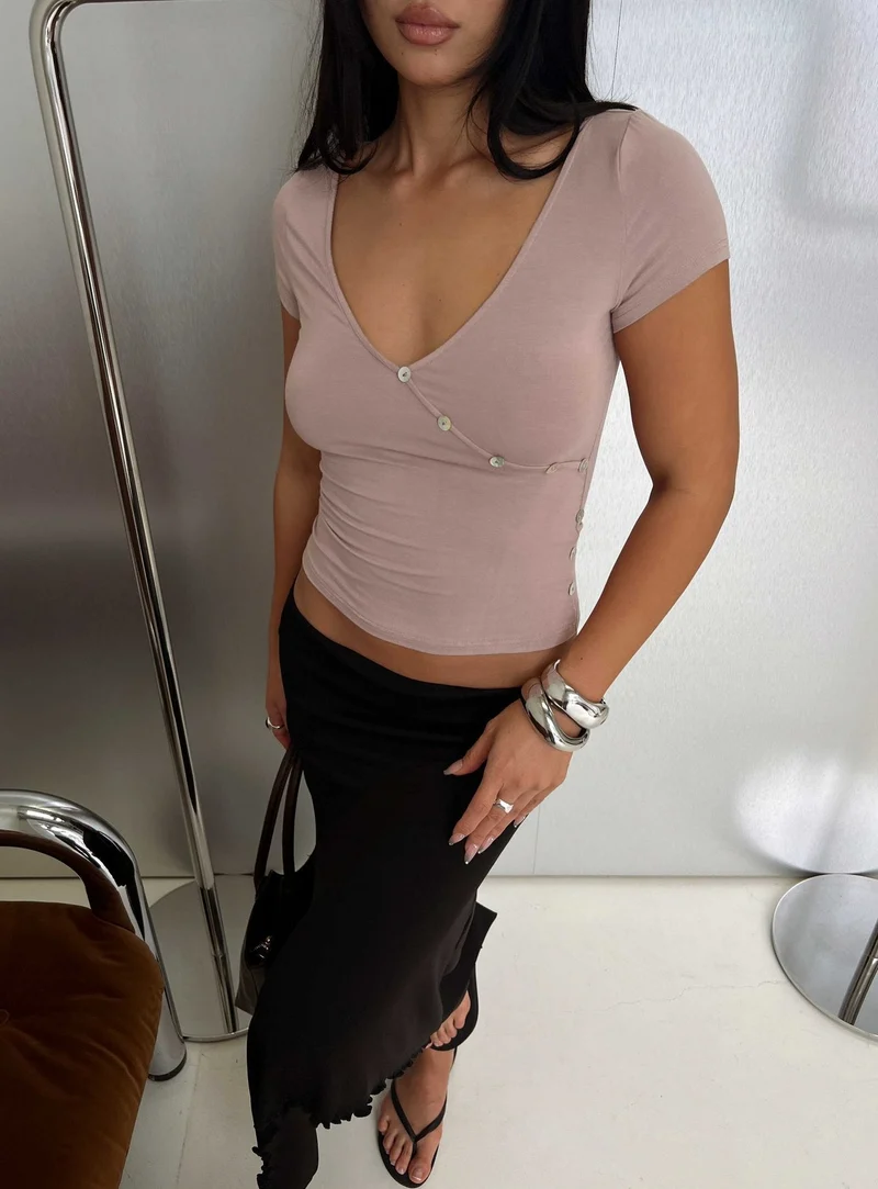 Cordie V Neck Button Top Concrete