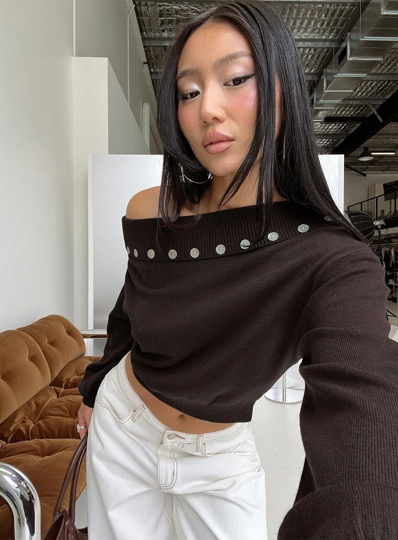 Kloud Off Shoulder Foldover Sweater Brown