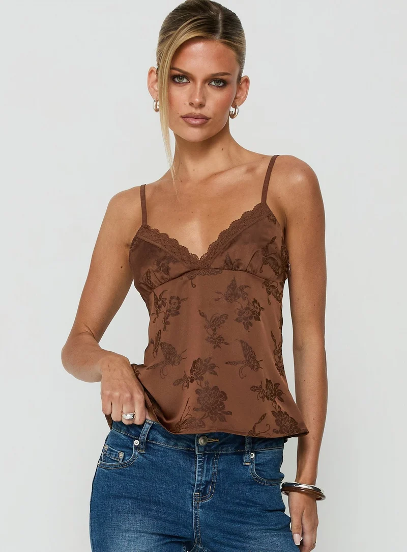 Had Me At Hello Lace Trim Floral Detail Top Chocolate