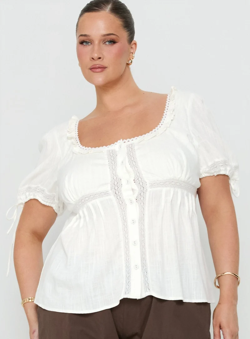 Indianah Pleat Lace Panel Blouse Top White Curve
