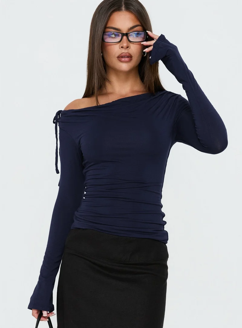Jaedin Long Sleeve One Shoulder Jersey Top Navy