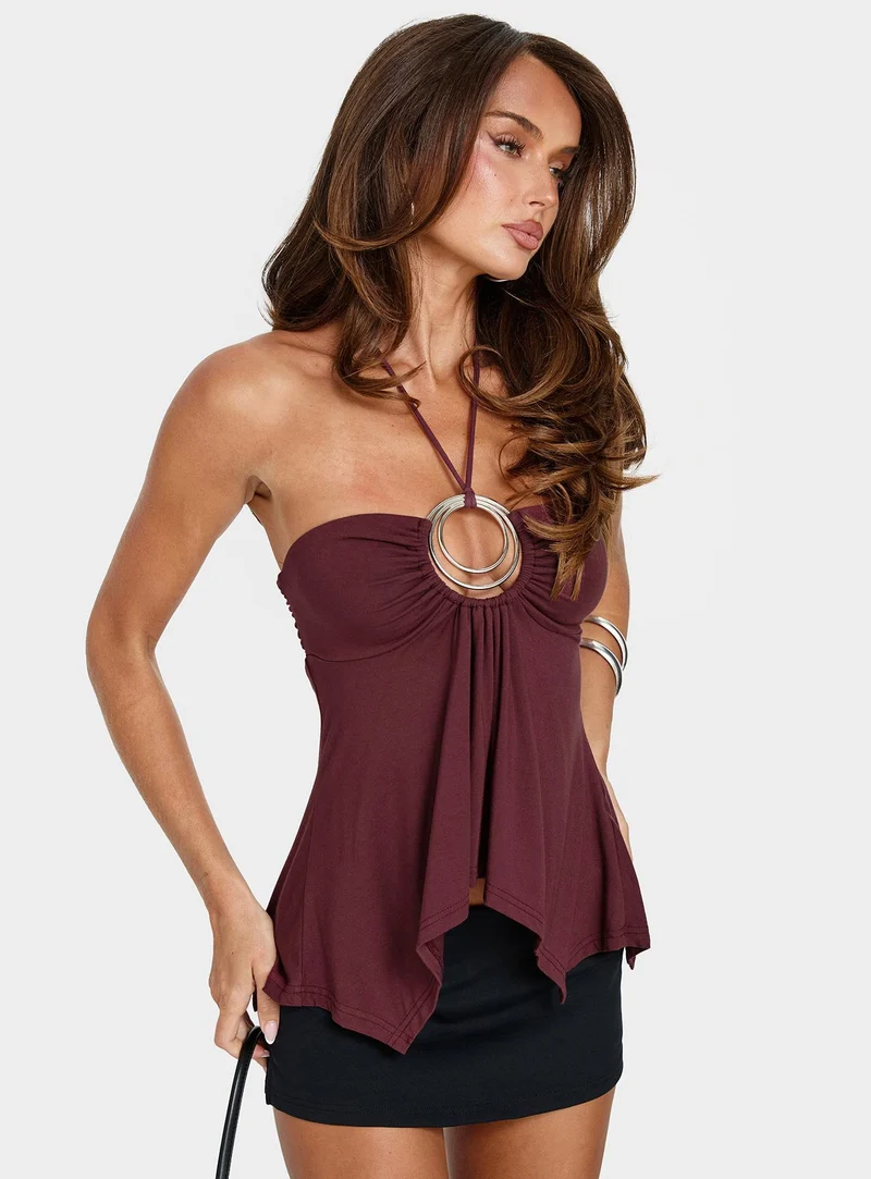 Betsey Ring Detail Tie Neck Top Burgundy
