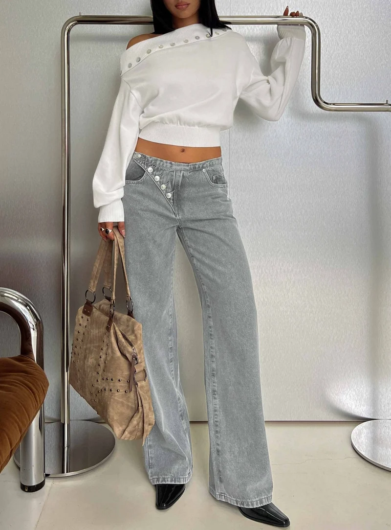 Pipper Asymmetrical Button Up Jeans Grey Wash