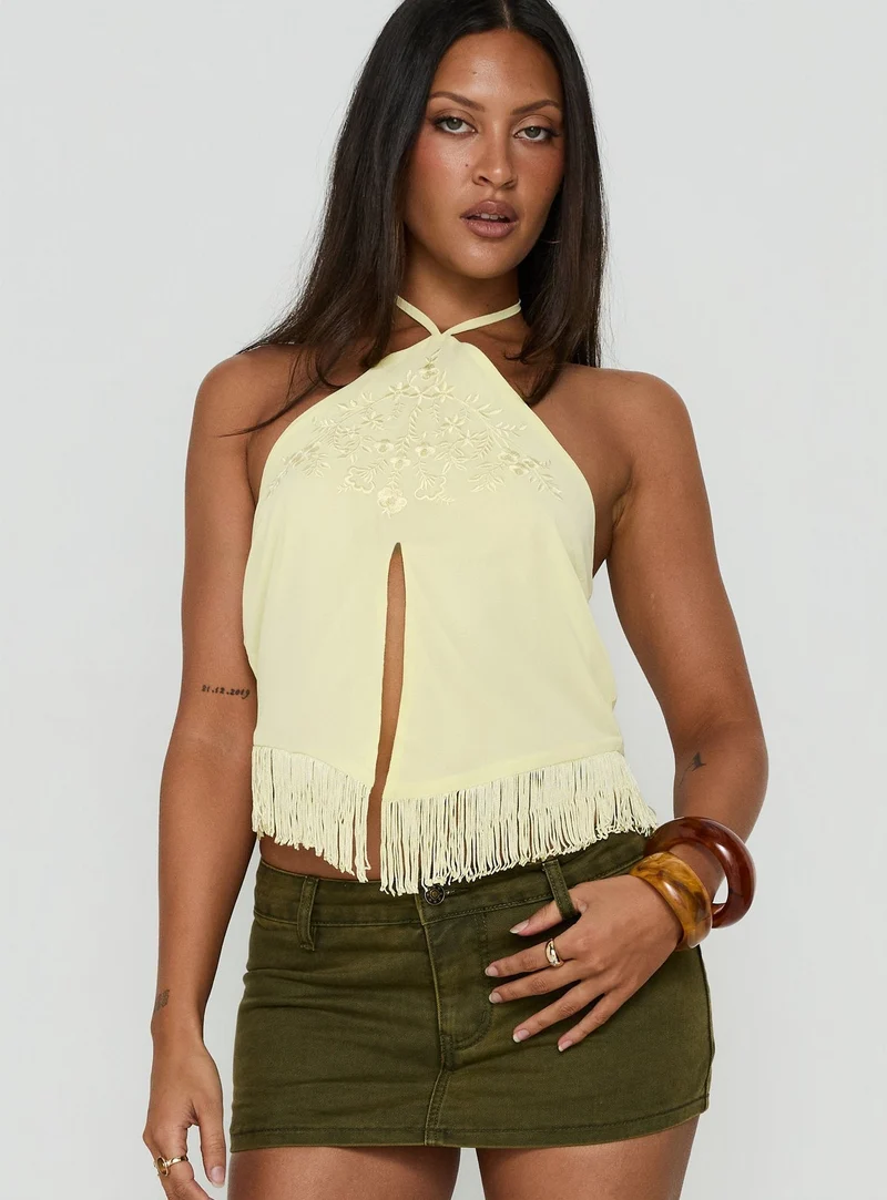 Junaya Arrowneck Fringe Detail Top Lemon