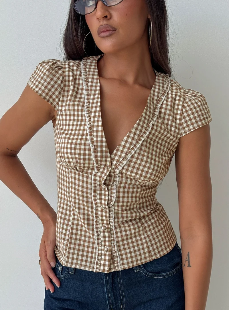 Bradlie Frill Detail Short Sleeve Blouse Top Chocolate Gingham