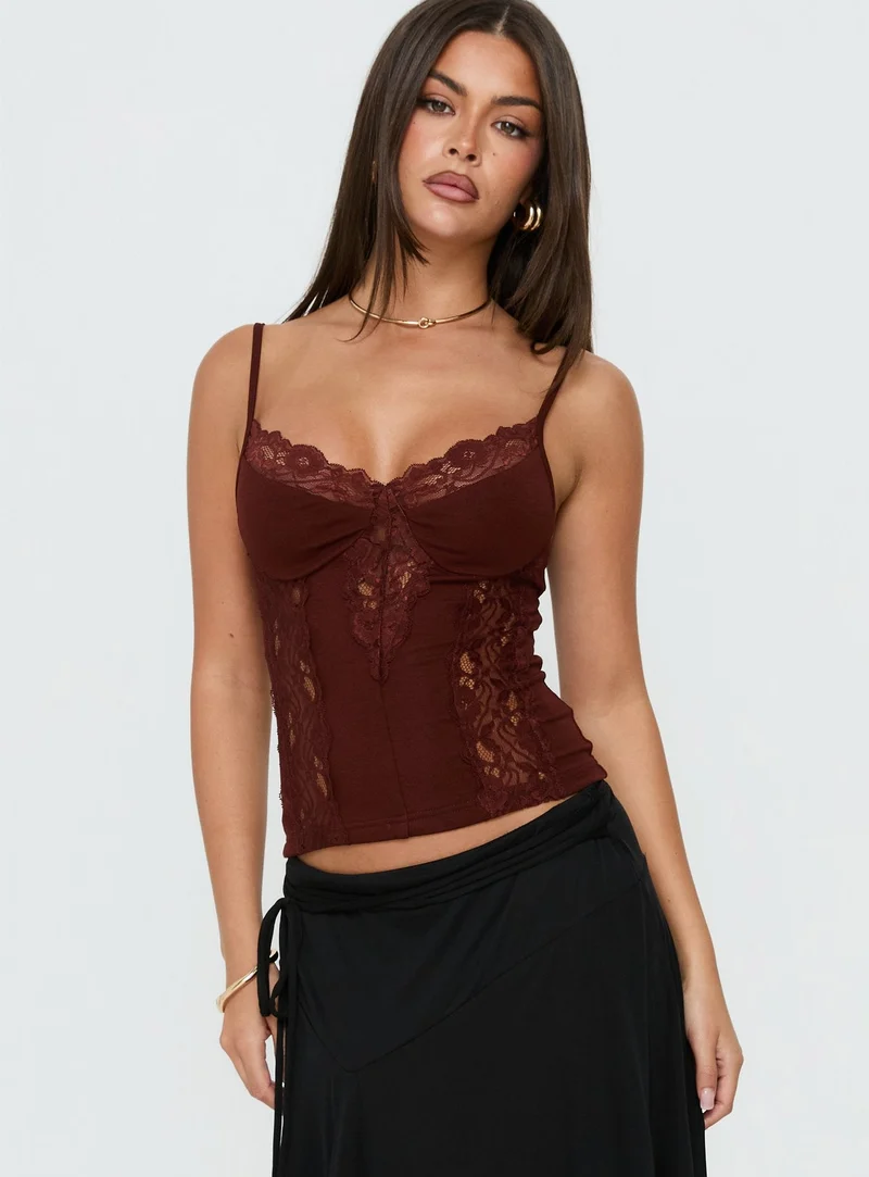 Rhiara Lace Trim Top Dark Terracotta