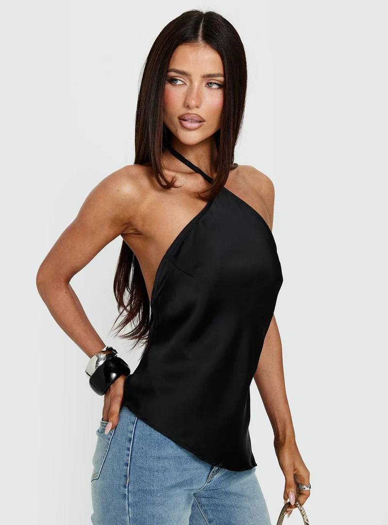 Sanford Satin Asymmetrical Arrowneck Top Black