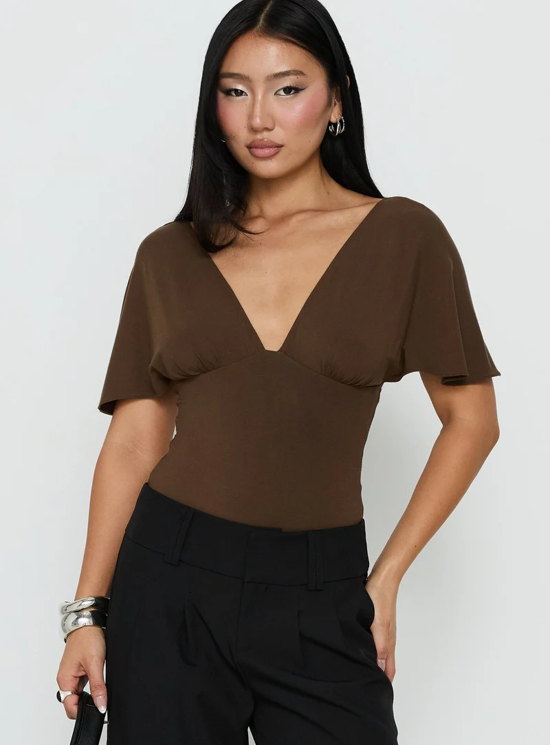 Yevenna Batwing Plunge Bodysuit Chocolate
