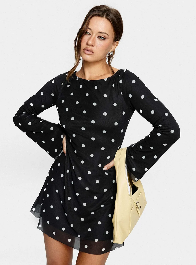 Lukea Long Sleeve Mini Dress Black Polka Dot