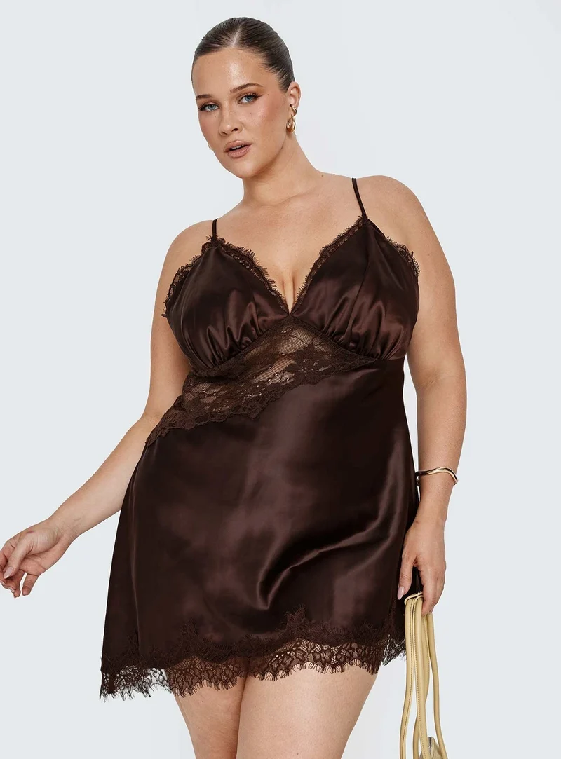 Raines Asymmetrical Lace Mini Dress Brown Curve