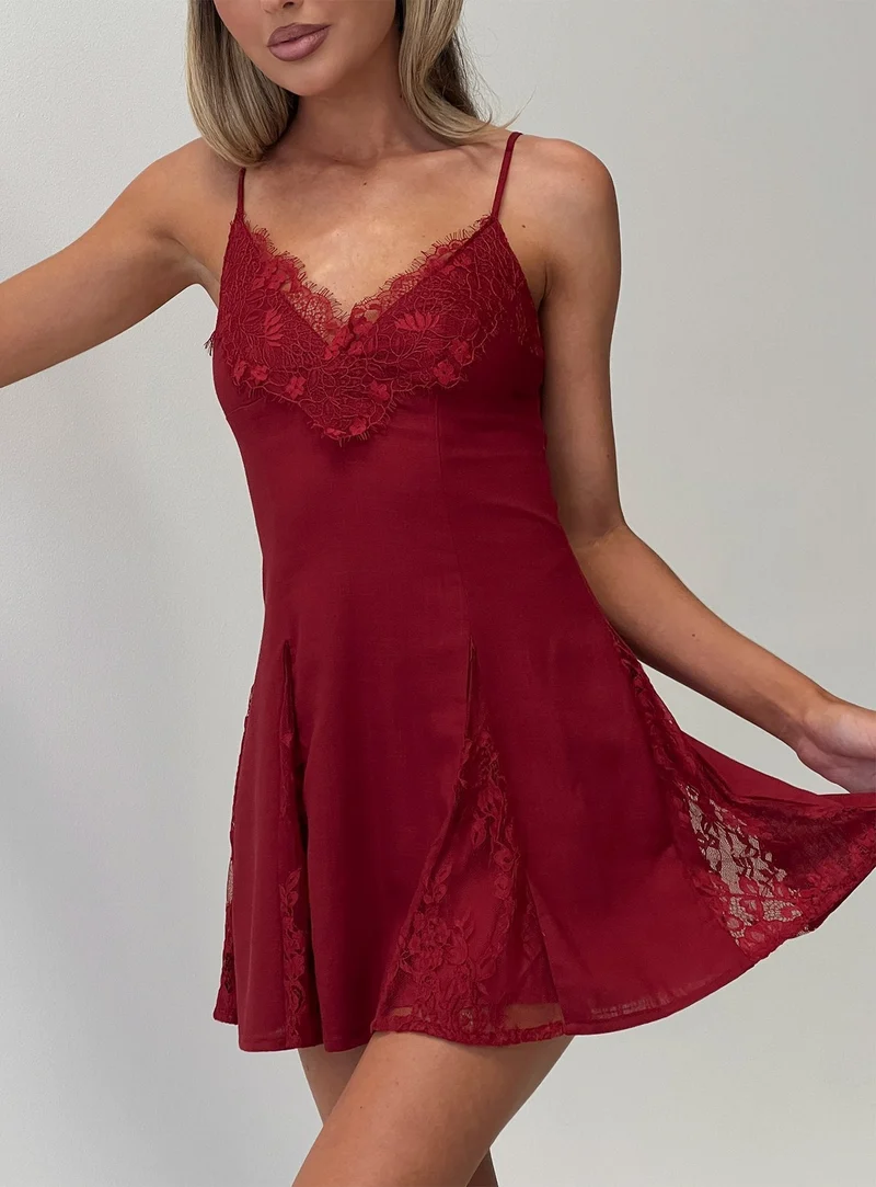 Bloomie Lace Godet Mini Dress Cherry Lacquer