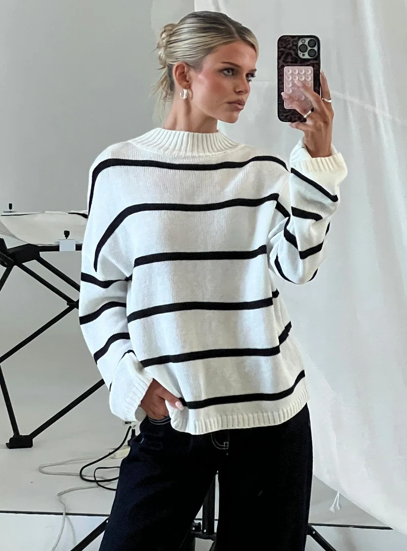 Alara Mock Neck Knit Sweater White Stripe