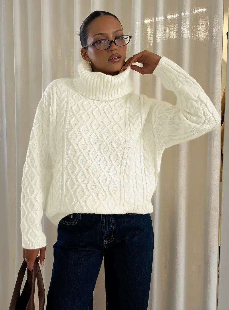 Delah Cable Knit Roll Neck Jumper Cream