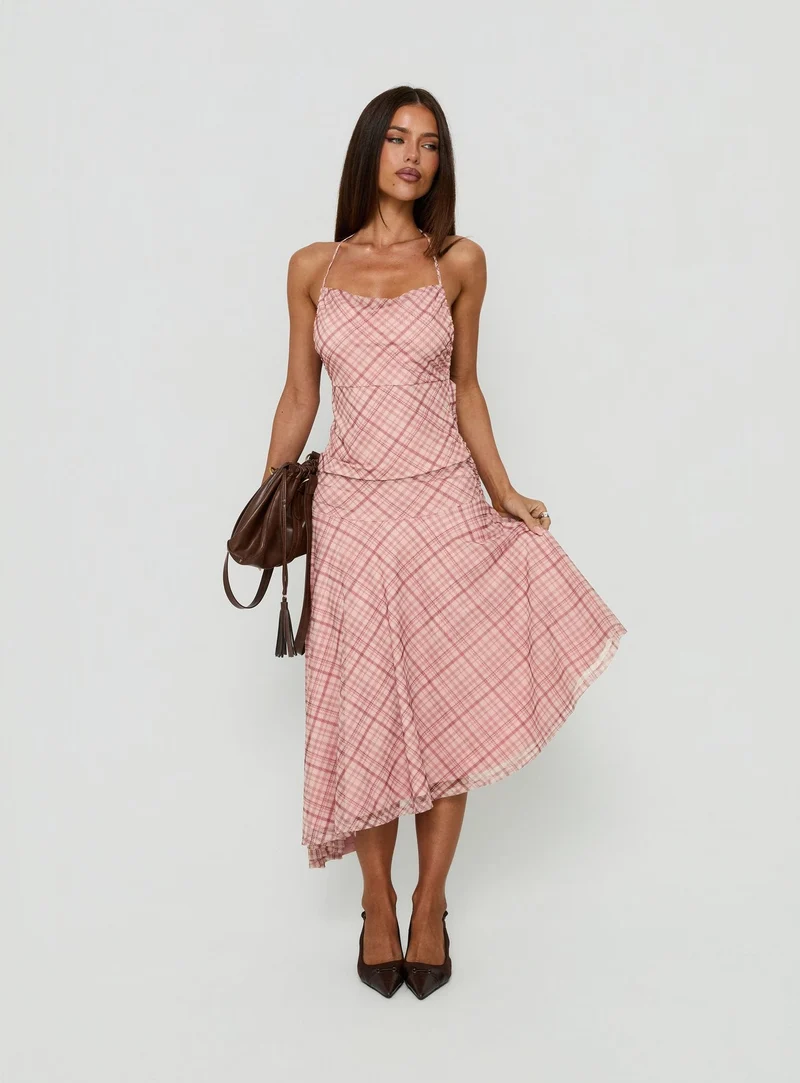 Waverlee Asymmetrical Midi Skirt Pink Check