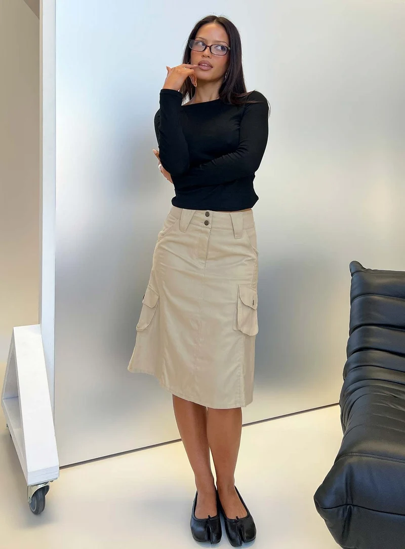 Rovie Twill Cargo Midi Skirt Latte