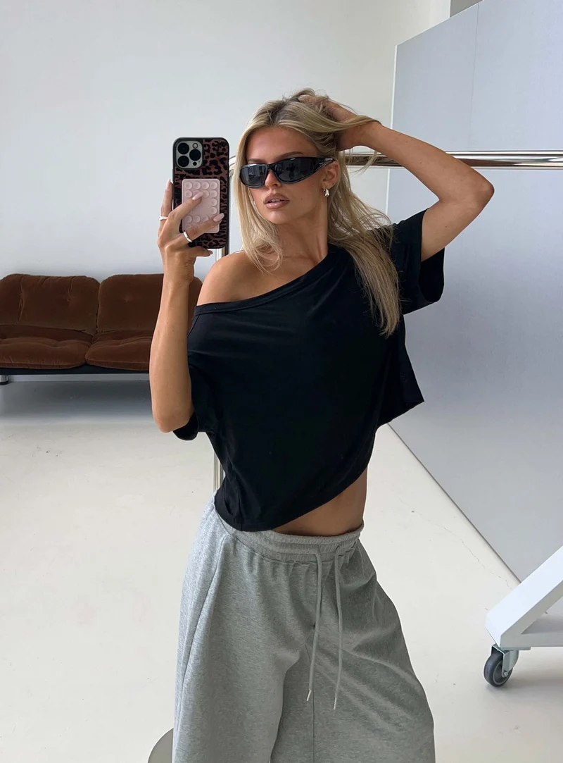 Bailea Off Shoulder Cropped Tee Black