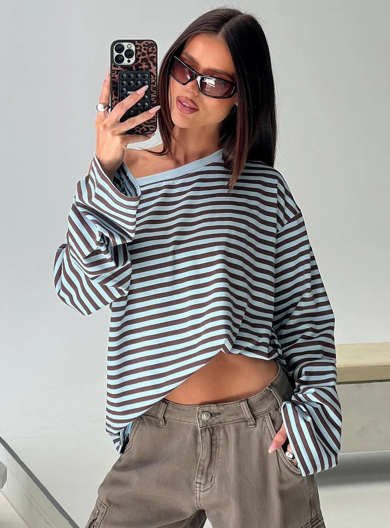 Settle Down One Shoulder Long Sleeve Top Chocolate / Blue Stripe