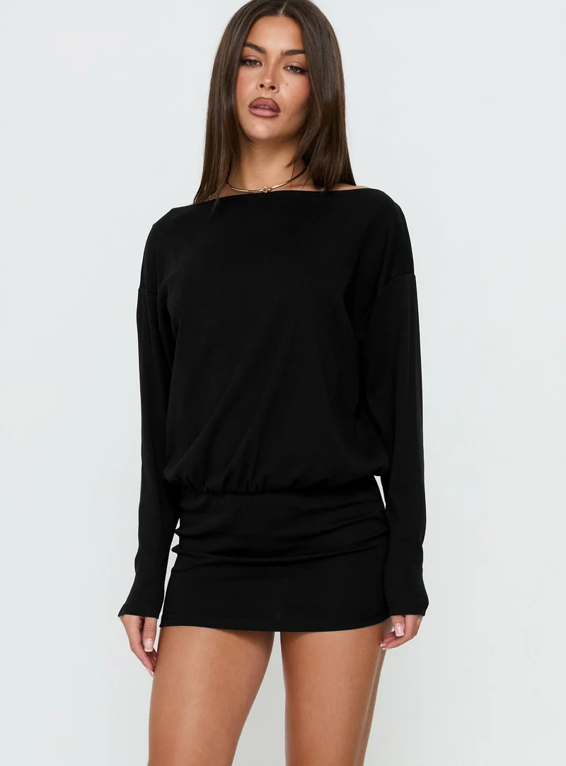 Worlds Away Long Sleeve Blouson Mini Dress Black