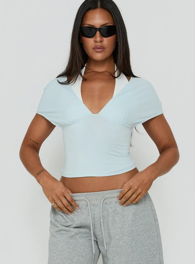 Beea Layered Halter Short Sleeve Top Blue / White